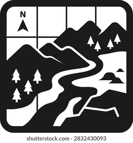 Stylized map icon features mountains a winding river and trees with a compass rose indicating north