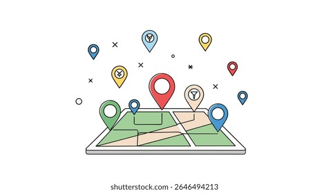 Ilustração de mapa estilizado com vários pinos de localização que marcam locais geográficos em cores diferentes