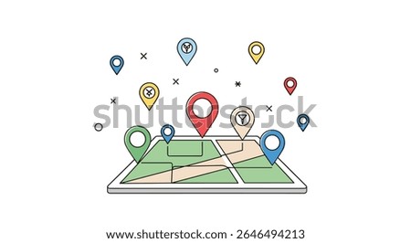 Stylized map illustration with multiple location pins marking geographic places in different colors