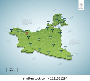 Stylized map of India. Isometric 3D green map with cities, borders, capital, regions. Vector illustration. Editable layers clearly labeled. English language.
