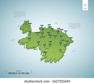 Stylized map of Ireland. Isometric 3D green map with cities, borders, capital Dublin, regions. Vector illustration. Editable layers clearly labeled. English language.