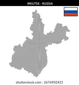 Stylized map of Irkutsk showcasing concentric lines and flag