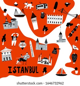 Mapa estilizado de Estambul. Ilustración vectorial de las atracciones y símbolos de Estambul