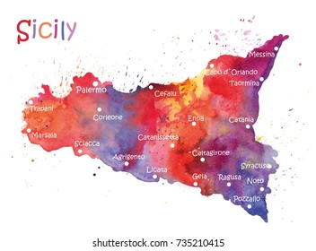 Stylized map of the Italian island of Sicily. Vector Illustration