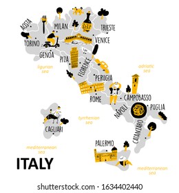 Stylized map of Italy with main attractions, landmarks and cultural symbols