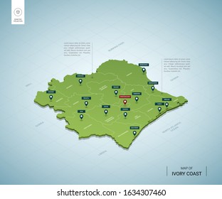 Stylized map of  Ivory Coast. Isometric 3D green map with cities, borders, capital Yamoussoukro, regions. Vector illustration. Editable layers clearly labeled. English language.