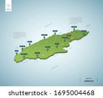 Stylized map of Jamaica. Isometric 3D green map with cities, borders, capital Kingston, regions. Vector illustration. Editable layers clearly labeled. English language.