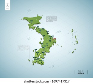 Stylized map of Japan. Isometric 3D green map with cities, borders, capital Tokyo, regions. Vector illustration. Editable layers clearly labeled. English language.