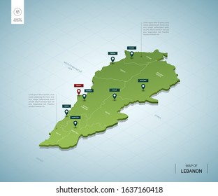 Stylized map of Lebanon. Isometric 3D green map with cities, borders, capital Beirut, regions. Vector illustration. Editable layers clearly labeled. English language.