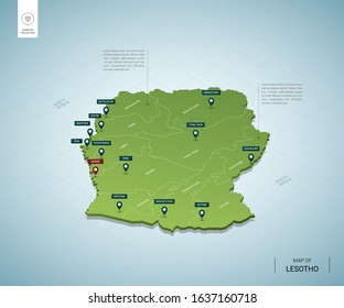 Stylized map of Lesotho. Isometric 3D green map with cities, borders, capital, regions. Vector illustration. Editable layers clearly labeled. English language.
