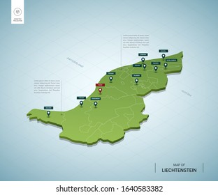 Stylized map of Liechtenstein. Isometric 3D green map with cities, borders, capital, regions. Vector illustration. Editable layers clearly labeled. English language.
