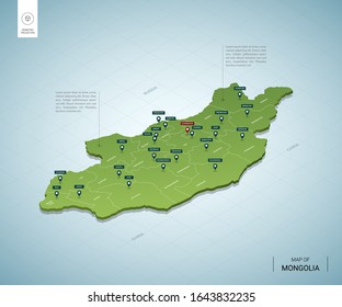 Stylized map of Mongolia. Isometric 3D green map with cities, borders, capital Ulaanbaatar, regions. Vector illustration. Editable layers clearly labeled. English language.

