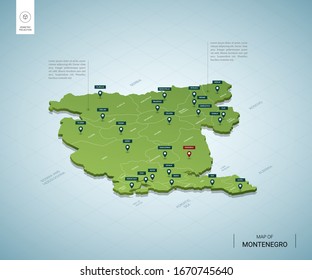 Stilvolle Karte von Montenegro. Isometrische 3D-grüne Karte mit Städten, Grenzen, Hauptstadt Podgorica, Regionen. Vektorillustration. Bearbeitbare Schichten sind deutlich gekennzeichnet. Englisch.
