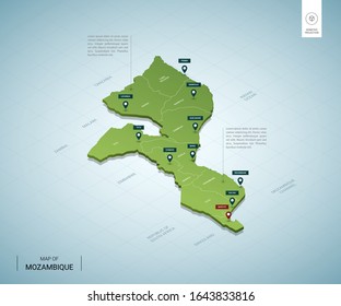 Mapa estilizado de Mozambique. Mapa verde isométrico en 3D con ciudades, fronteras, la capital Maputo, regiones. Ilustración vectorial. Las capas editables están claramente etiquetadas. Inglés.

