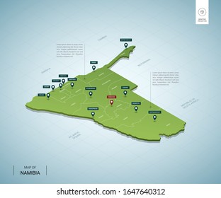 Stylized map of Namibia. Isometric 3D green map with cities, borders, capital Windhoek, regions. Vector illustration. Editable layers clearly labeled. English language.

