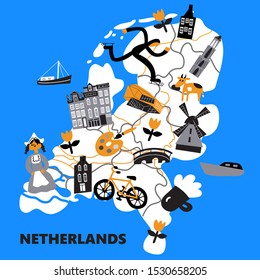 Stylized map of Netherlands with different Netherlands symbols. Vector design.