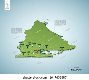 Stylized map of Nicaragua. Isometric 3D green map with cities, borders, capital Managua, regions. Vector illustration. Editable layers clearly labeled. English language.
