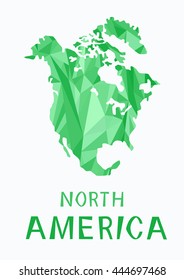 A stylized map of North America of green triangles.Creative concept.Travel.Polygonal style.