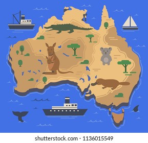 Stylized map of North America with indigenous animals and nature symbols. Simple geographical map. Flat vector illustration.