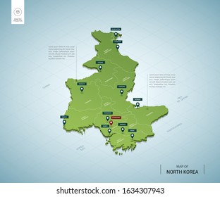 Stylized map of North Korea. Isometric 3D green map with cities, borders, capital Pyongyang , regions. Vector illustration. Editable layers clearly labeled. English language.
