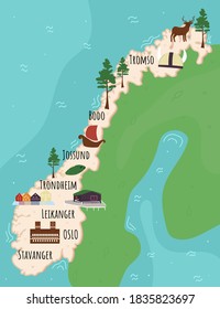 Mapa estilizado de Noruega. Mapa de dibujos animados con ilustración de viajes. Lugares famosos, edificios, comida y plantas. Graciosas infografías turísticas. Símbolos. las atracciones. Ilustración del vector