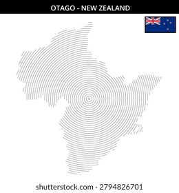 Stylized map of Otago featuring iconic concentric designs with