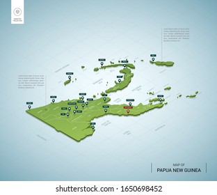 Stylized map of Papua New Guinea. Isometric 3D green map with cities, borders, capital, regions. Vector illustration. Editable layers clearly labeled. English language.