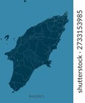 A stylized map of Rhodes, Greece, is presented against a deep teal background. The island