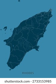 A stylized map of Rhodes, Greece, is presented against a deep teal background. The island's outline is clearly defined, with a network of white lines representing roads and infrastructure crisscrossing its landmass. Smaller islands are visible to the west of the main island. The word 'RHODES' is subtly displayed in the lower right corner of the image.