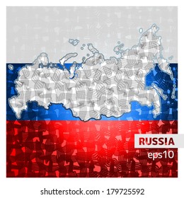 Stylized map of Russia with ribbon texture and flag background - vector illustration 