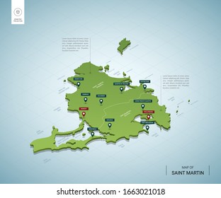 Stilvolle Karte von Saint Martin. Isometrische 3D-grüne Karte mit Städten, Grenzen, Hauptstadt, Regionen. Vektorillustration. Bearbeitbare Schichten sind deutlich gekennzeichnet. Englisch.
