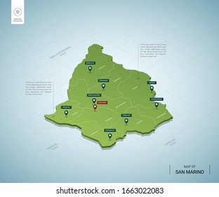 Stylized map of San Marino. Isometric 3D green map with cities, borders, capital, regions. Vector illustration. Editable layers clearly labeled. English language.