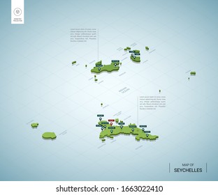 Stylized map of Seychelles. Isometric 3D green map with cities, borders, capital, regions. Vector illustration. Editable layers clearly labeled. English language.
