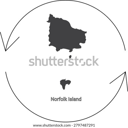 A stylized map showing the island of Norfolk Island and a smaller island nearby, enclosed within a circular arrow motif.