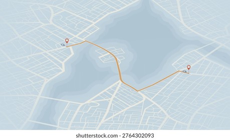 Stylized map showing orange route connecting two red location pins across water body