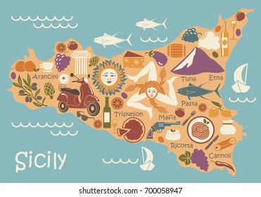 Stylized map of Sicily with traditional symbols of nature, cuisine and culture
