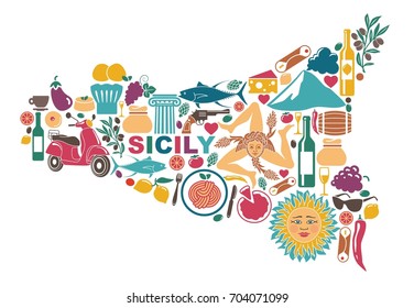 Stylized map of Sicily with traditional symbols of nature, cuisine and culture