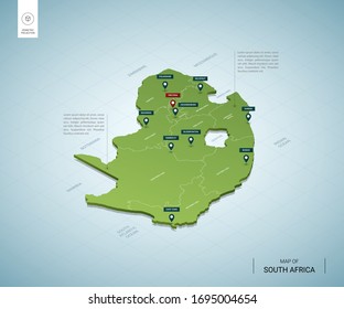 Stylized map of South Africa. Isometric 3D green map with cities, borders, capital Pretoria, regions. Vector illustration. Editable layers clearly labeled. English language.