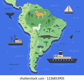 Stylized map of South America with indigenous animals and nature symbols. Simple geographical map. Flat vector illustration.