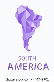 A stylized map of South America of purple triangles .Creative concept.Travel.Polygonal style.