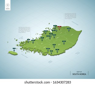 Stylized map of South Korea. Isometric 3D green map with cities, borders, capital Seou, regions. Vector illustration. Editable layers clearly labeled. English language.