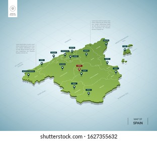 Stylized map of Spain. Isometric 3D green map with cities, borders, capital Madrid, regions. Vector illustration. Editable layers clearly labeled. English language.