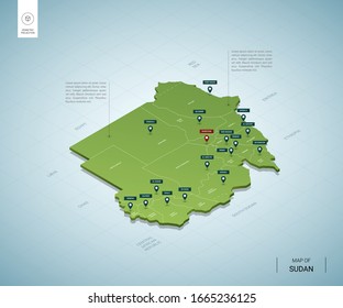 Stylized map of Sudan. Isometric 3D green map with cities, borders, capital Khartoum, regions. Vector illustration. Editable layers clearly labeled. English language.