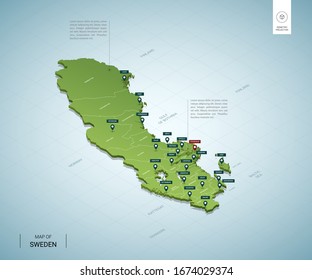 Stylized map of Sweden. Isometric 3D green map with cities, borders, capital Stockholm, regions. Vector illustration. Editable layers clearly labeled. English language.