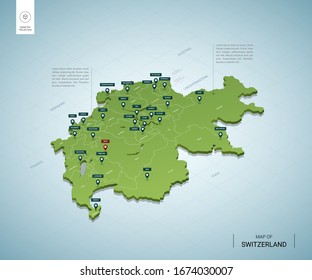 Mapa estilizado de Suiza. Mapa verde isométrico en 3D con ciudades, fronteras, capital Berna, regiones. Ilustración vectorial. Las capas editables están claramente etiquetadas. Inglés.