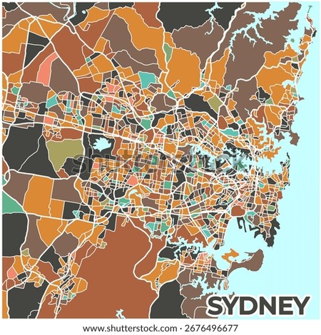 A stylized map of Sydney, Australia, showcasing the iconic harbor and city districts in a muted palette of browns, greens, and blues, illustrating the vibrant urban landscape of New South Wales.
