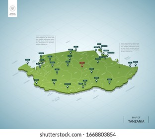 Stylized map of Tanzania. Isometric 3D green map with cities, borders, capital, regions. Vector illustration. Editable layers clearly labeled. English language.