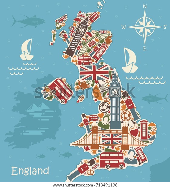 Stylized Map Uk Traditional English Symbols Stock Vector (Royalty Free ...