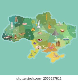 Stylized map of Ukraine. Travel illustration with Ukraine landmarks.