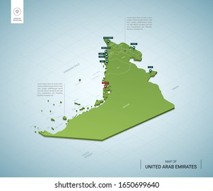 Stylized map of United Arab Emirates. Isometric 3D green map with cities, borders, capital Abu Dhabi, regions. Vector illustration. Editable layers clearly labeled. English language.